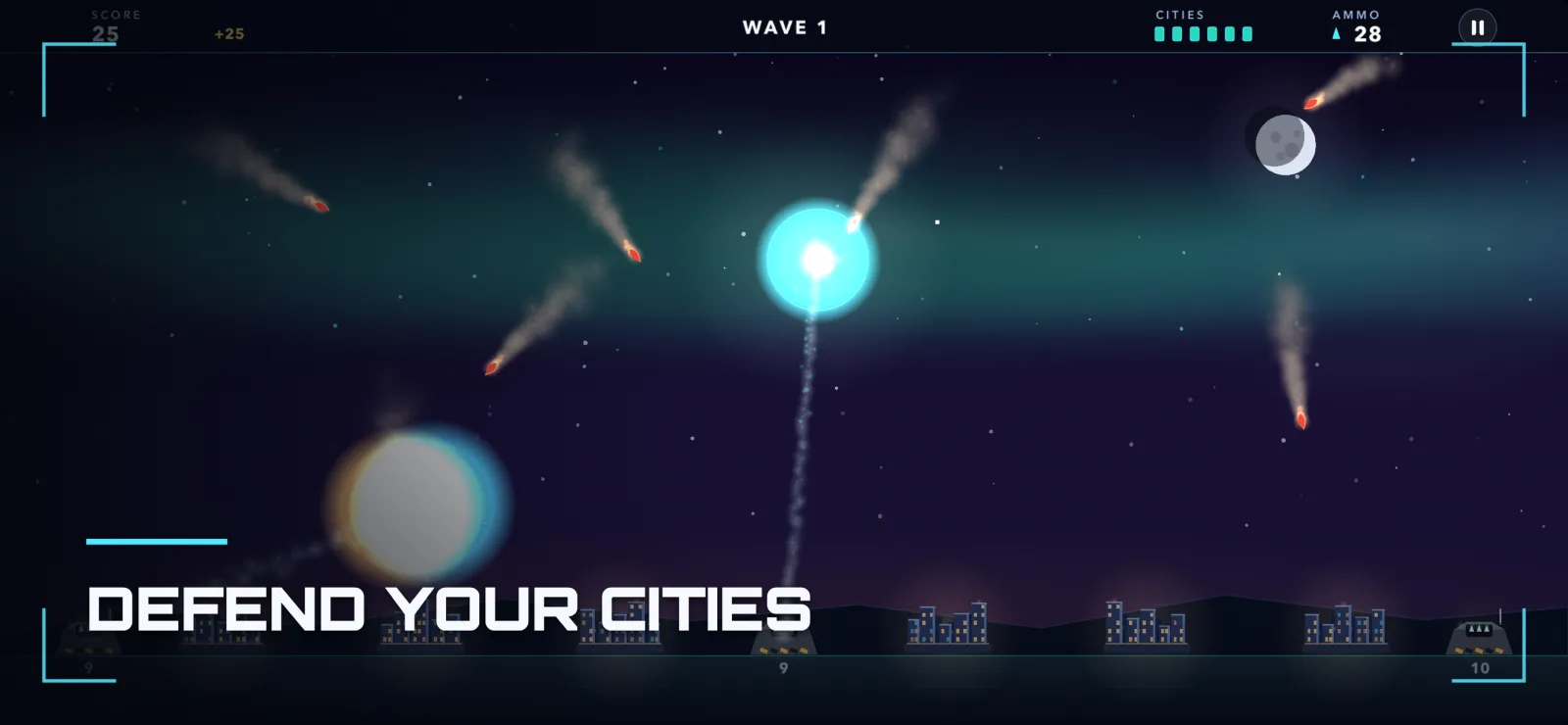 Sky Shield gameplay — interceptors detonating in the path of falling warheads above six cities